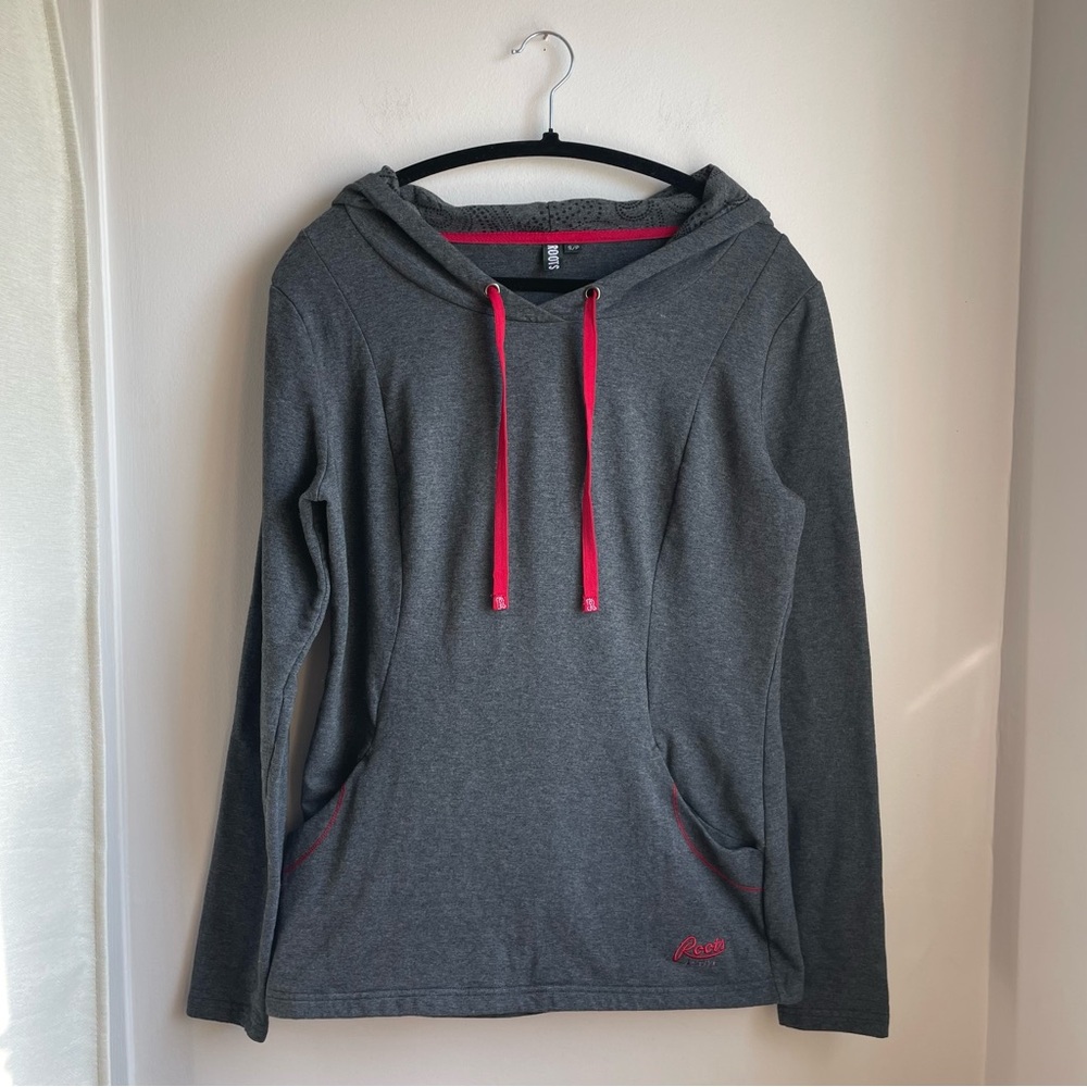 Grey Hoodie w/ Patterned Hood and Red Drawstrings-Roots-Size S